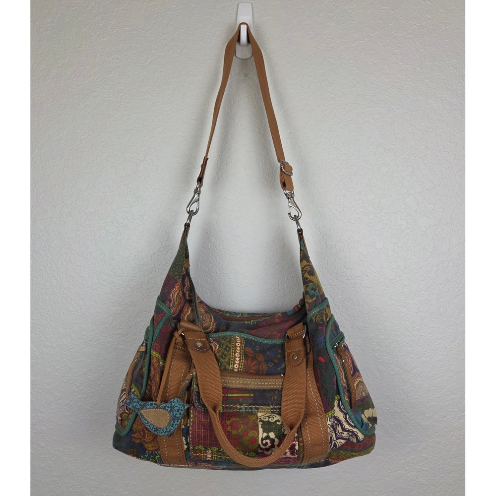 Vintage Fossil Patchwork Canvas & Leather Large Hobo Shoulder Crossbody Bag